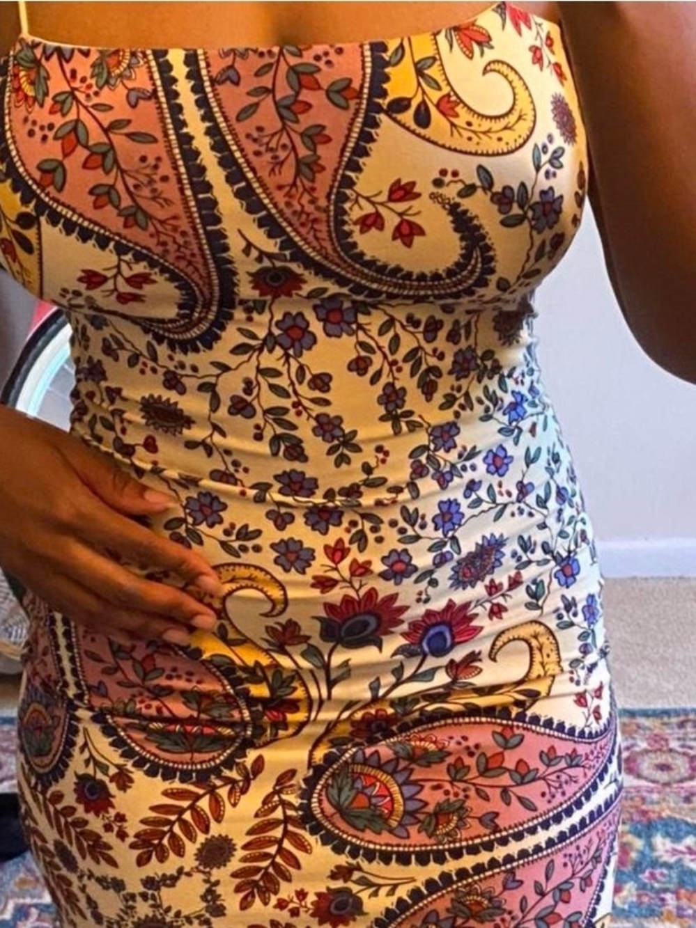 Floral Paisley Bodycon Dress in Cream, Pink & Blue